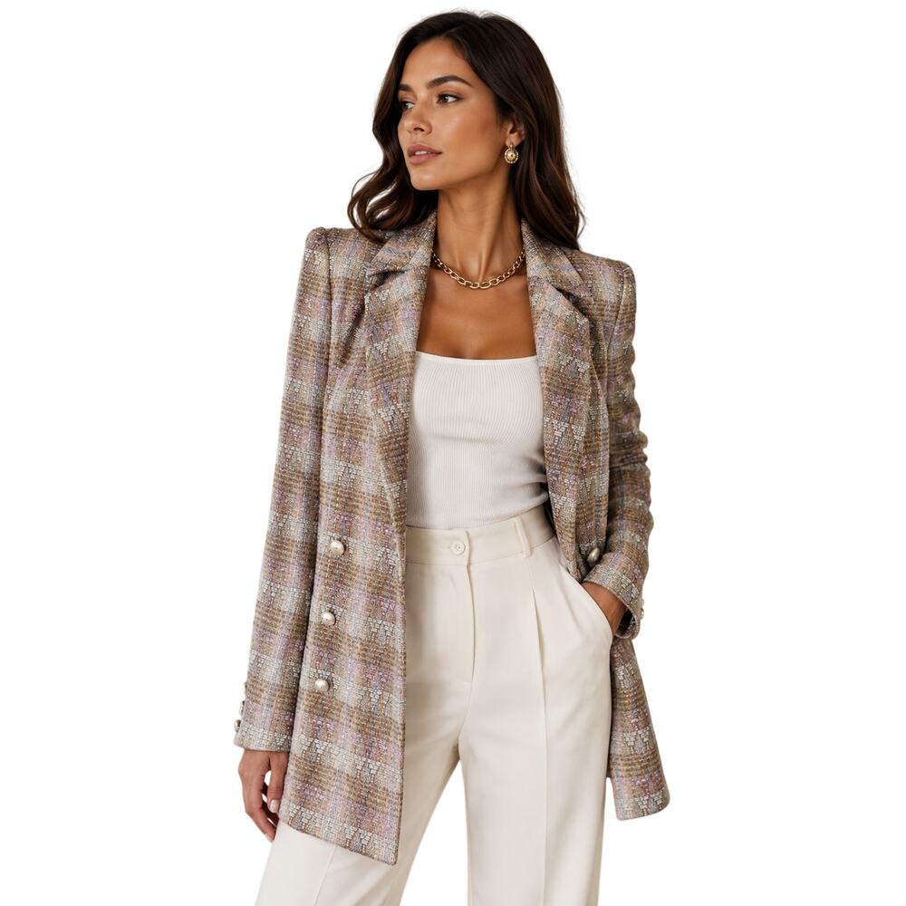 Chanel Boutique Plaid Wool Tweed Double Breasted Blazer Jacket Multicolor Sz 40